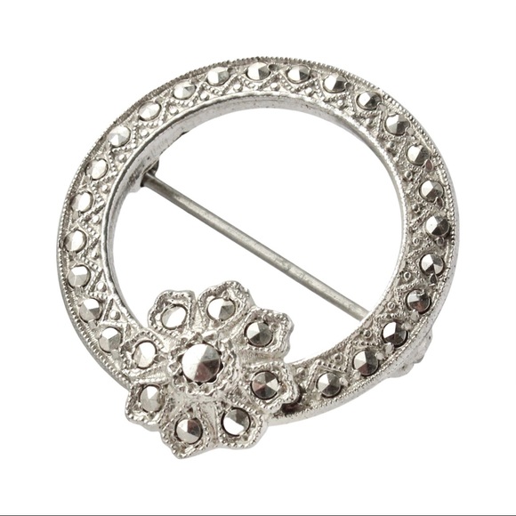 Vintage Sterling Silver Circle Flower Brooch Pin Rhodium Plated Marcasite Style - Picture 2 of 4